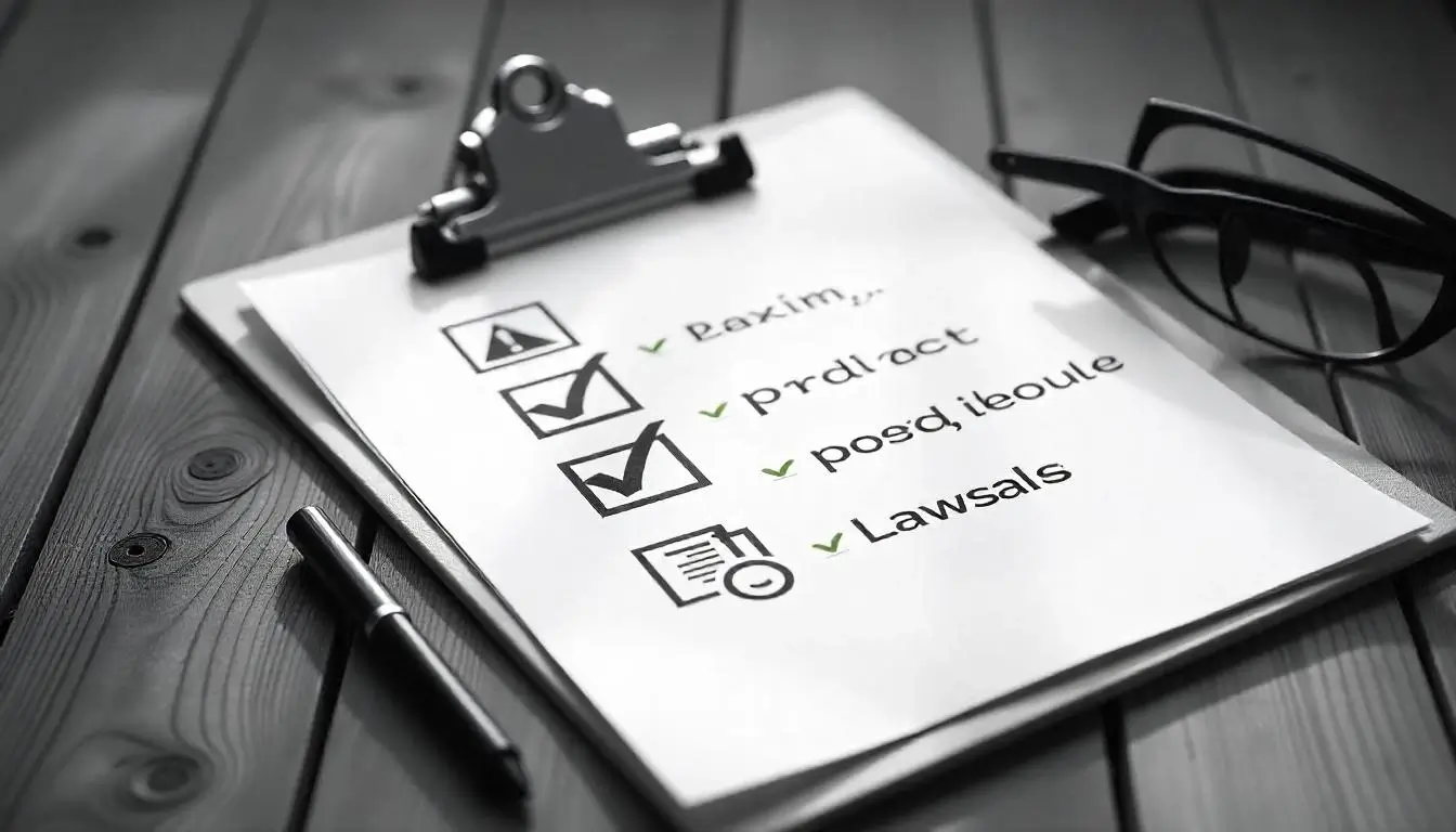 Graphic of a checklist surrounded by icons for cyber threats, product damage, and lawsuits, highlighting risk assessment for ecommerce businesses.