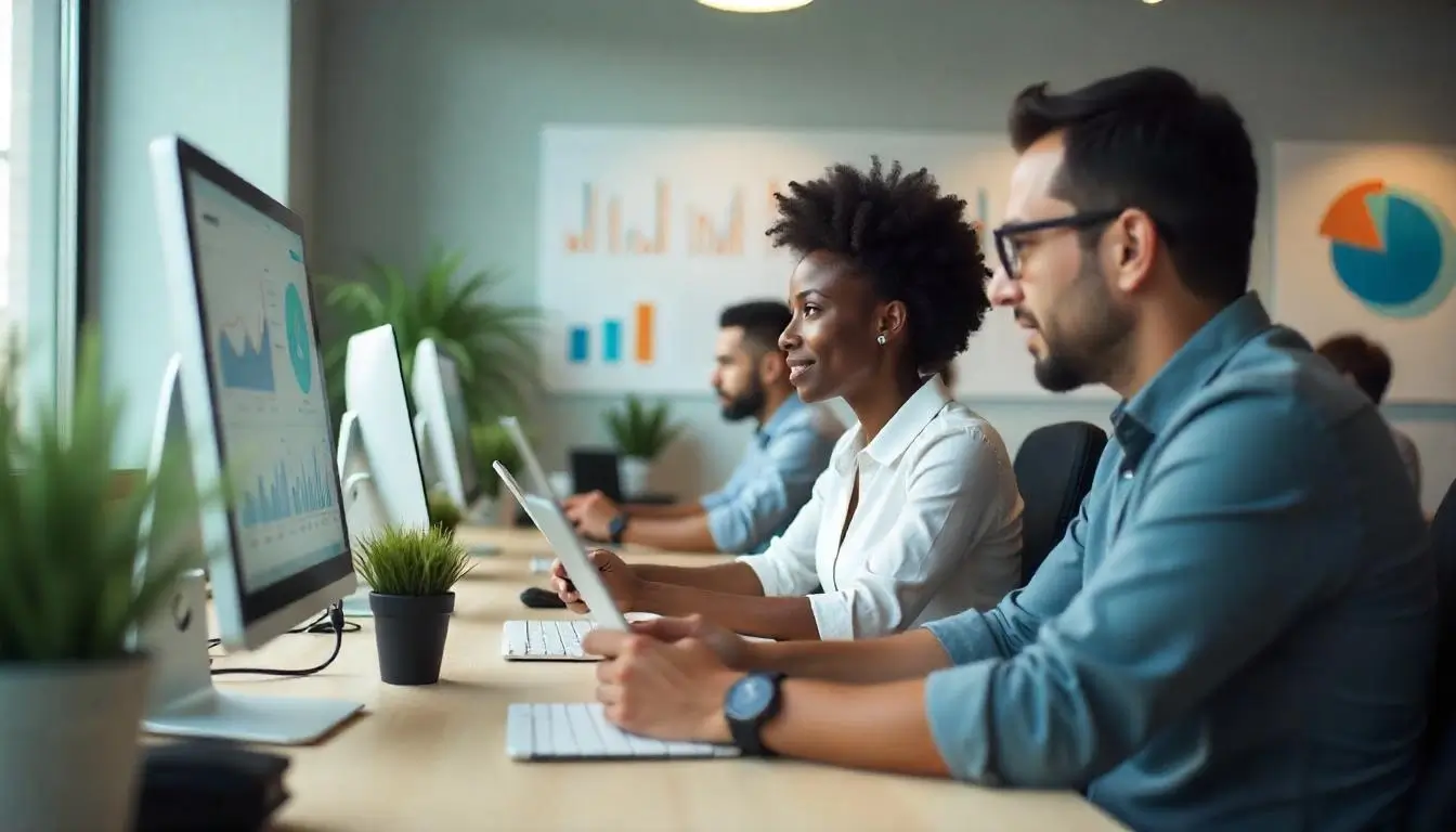 A diverse team of ecommerce professionals working in digital marketing, customer support, and logistics, highlighting U.S. job opportunities in online retail.