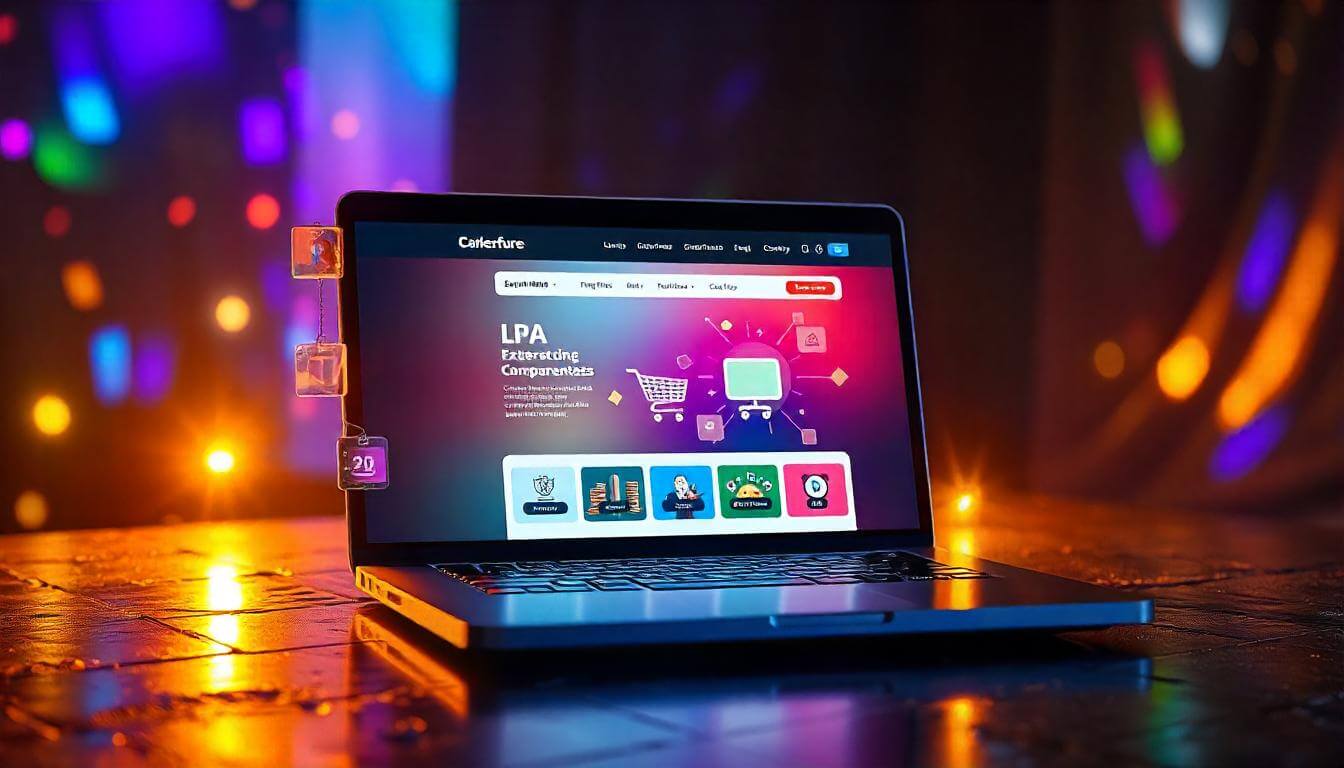 Laptop displaying a vibrant eCommerce website with icons highlighting scalability, security, and user experience.