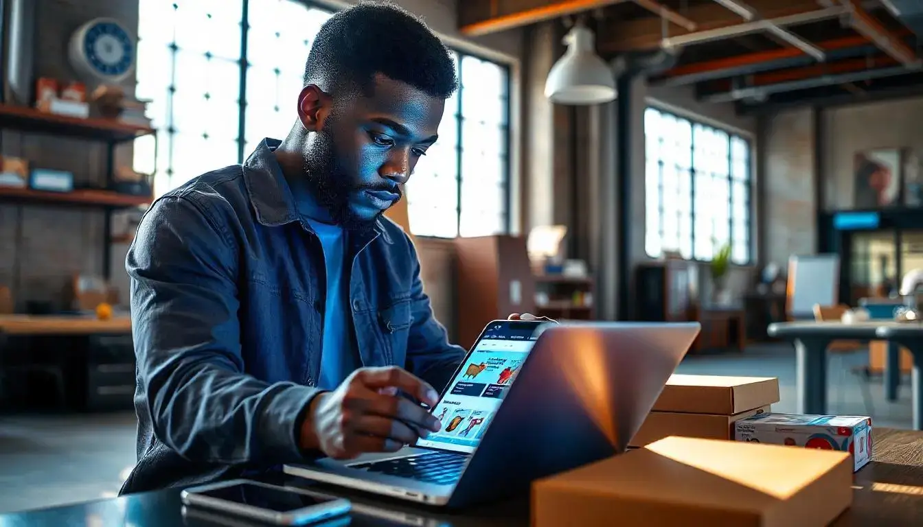 Small business owner managing an ecommerce store with a laptop and packages.