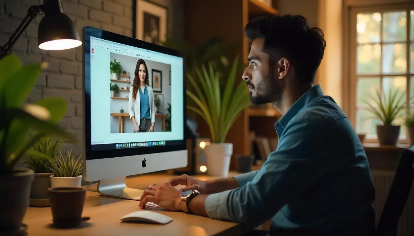 A professional editing product images on a computer screen using photo retouching software for eCommerce.