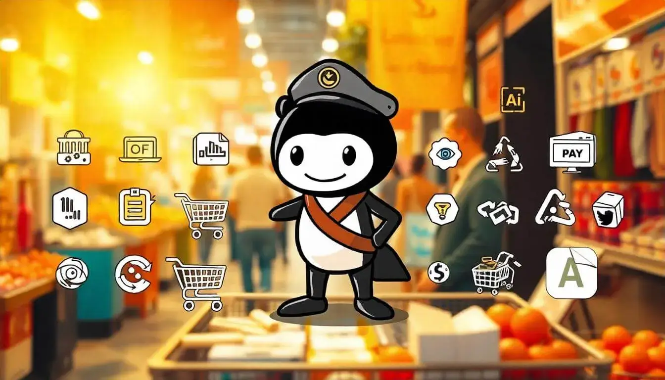 Illustration of GitHub Copilot with e-commerce icons like shopping carts and payment gateways.