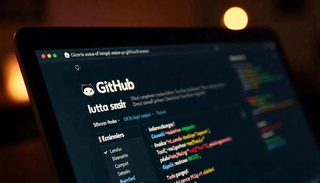 Screenshot of a GitHub-repository layout, showing repository name, description, branches, commits, and pull requests sections.