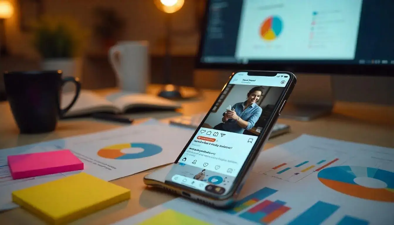 Mobile phone showing an ecommerce product ad on social media, surrounded by sticky notes and analytics charts.