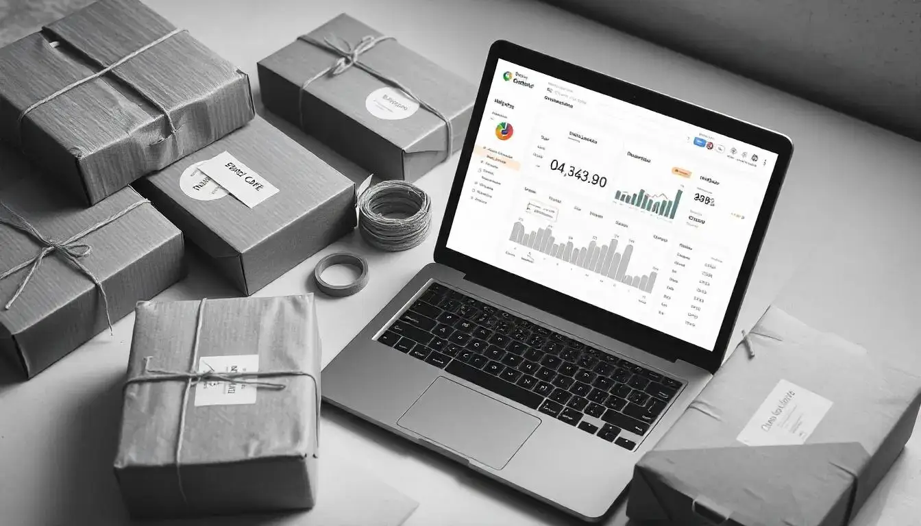 Packaging materials and a laptop showcasing an ecommerce dashboard, symbolizing online order fulfillment.