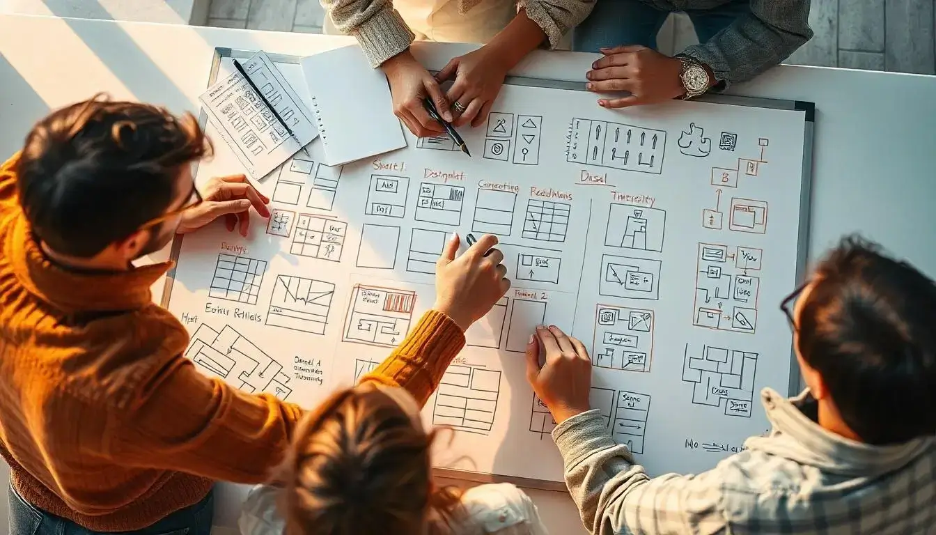 Team collaboration in web design for eCommerce with sketches and wireframes on whiteboard.