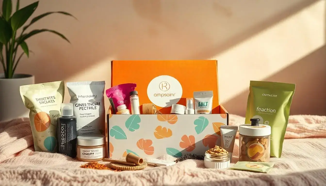 A curated subscription box with beauty products, snacks, and accessories representing the ecommerce subscription model.