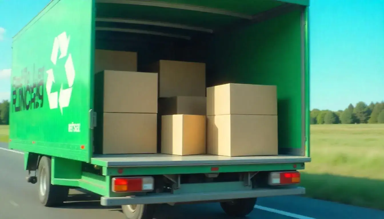 Eco-friendly packaging and a green delivery truck symbolizing sustainable ecommerce practices.