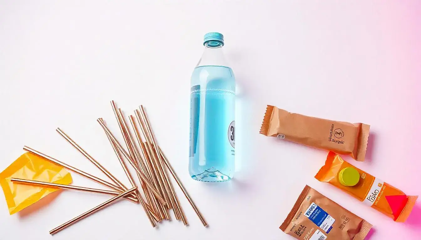 Eco-friendly ecommerce products including reusable water bottles and metal straws, promoting sustainability.