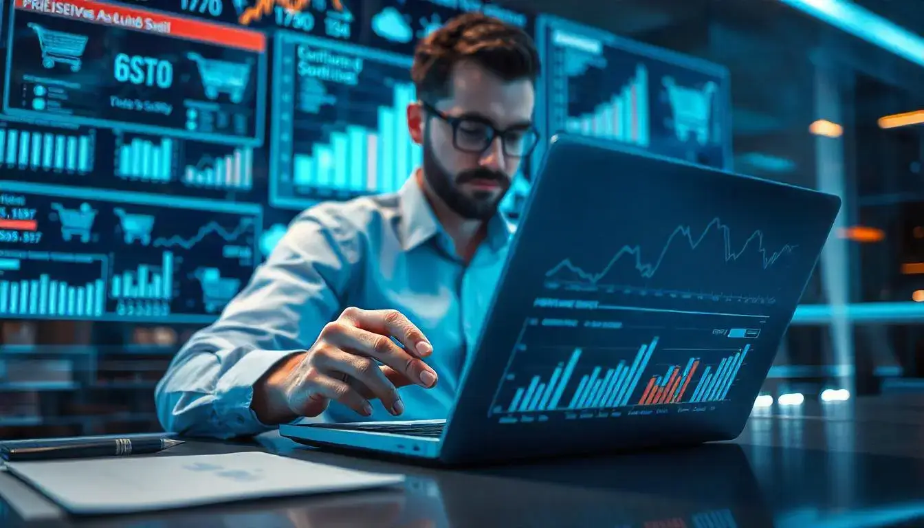 SEO expert analyzing website traffic and keyword performance data on multiple screens.