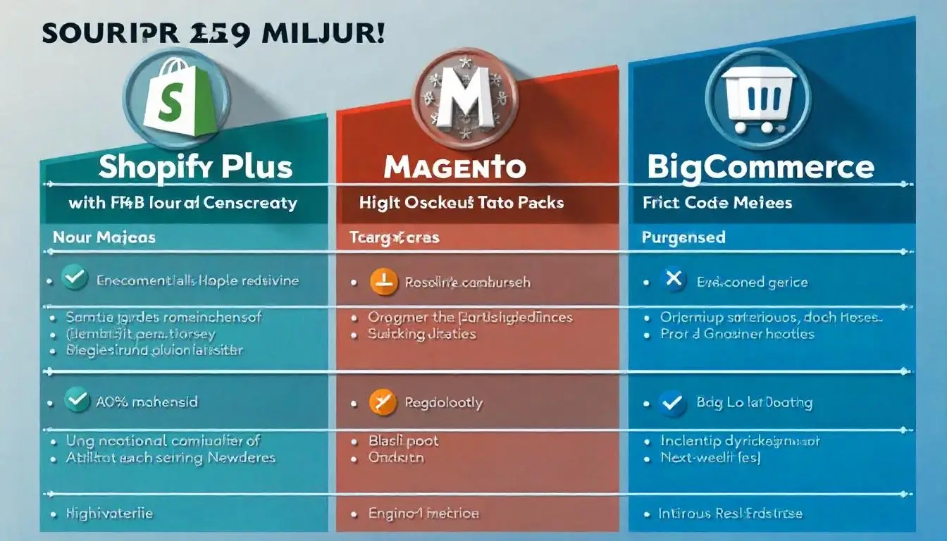 Comparison chart of top B2B ecommerce solutions like Shopify Plus, Magento Commerce, and BigCommerce, highlighting key features and pricing.