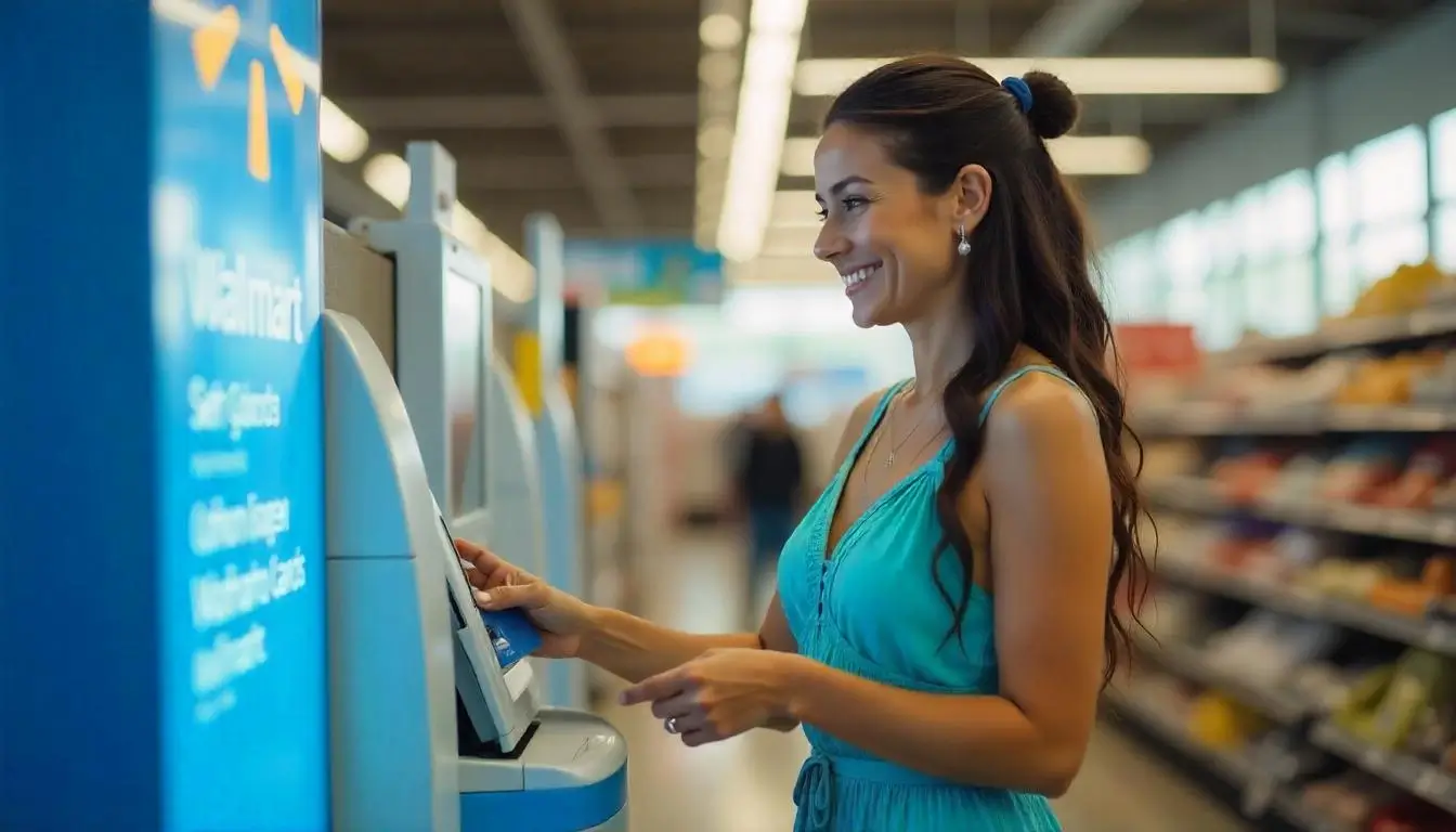 Customer using Walmart Credit Card at self-checkout for cashback rewards