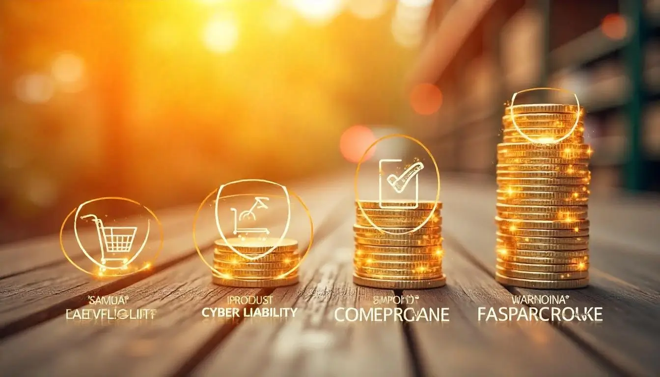Infographic showcasing the types of ecommerce insurance: General Liability, Cyber Liability, Product Liability, and Commercial Property Insurance.