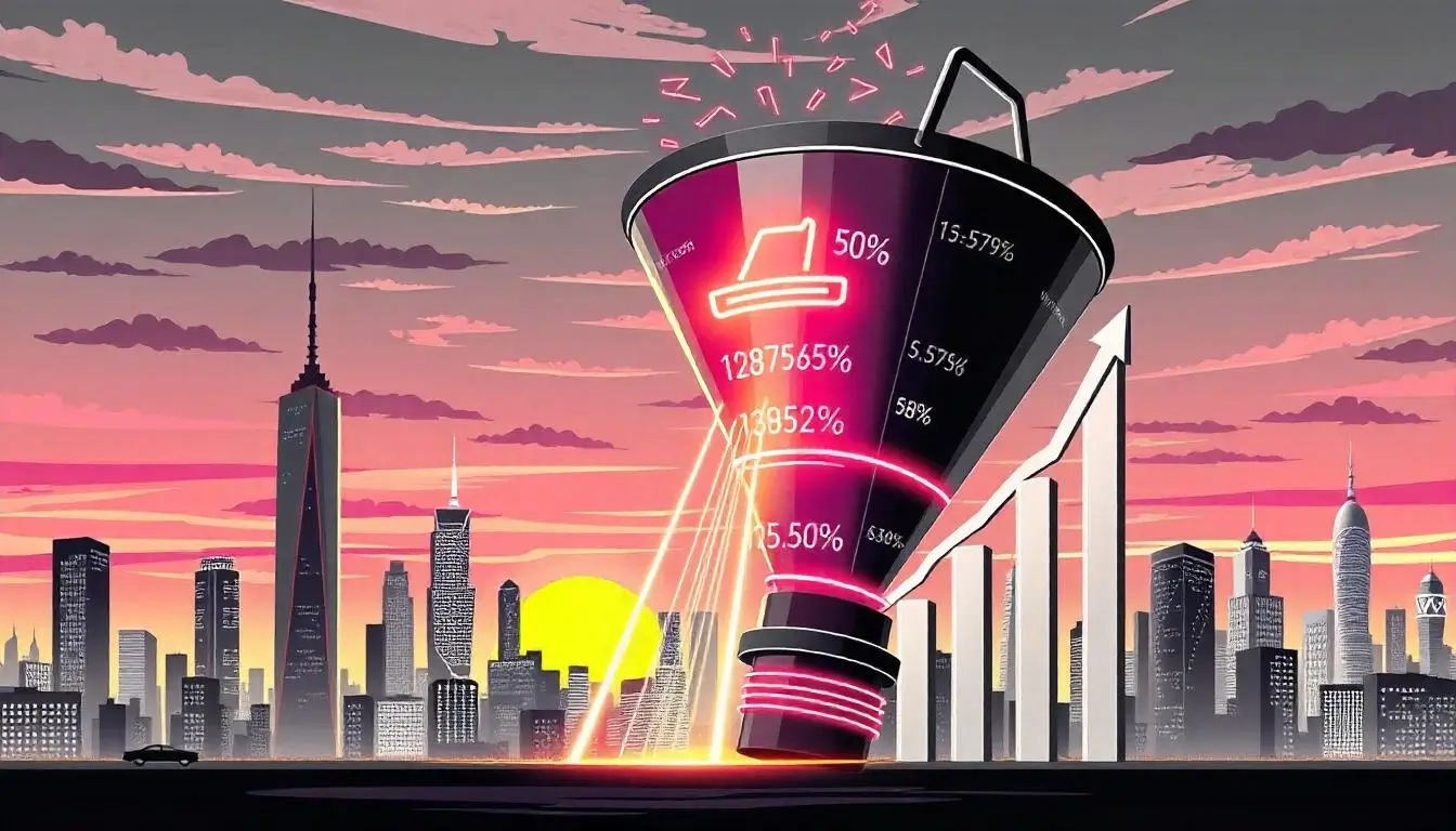 Illustration of an ecommerce sales funnel showing website traffic, conversion rates, and revenue growth.