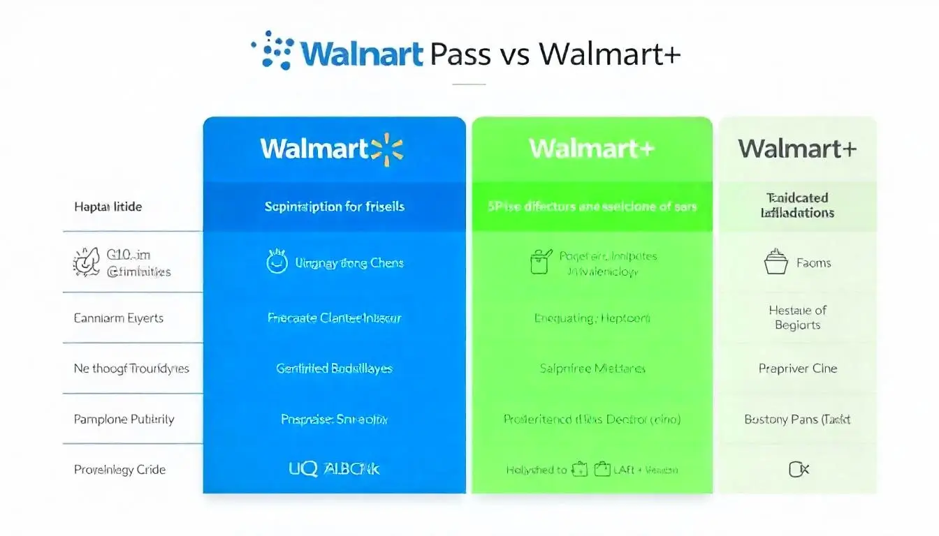 Side-by-side feature comparison of Walmart Pass and Walmart+ memberships in 2025