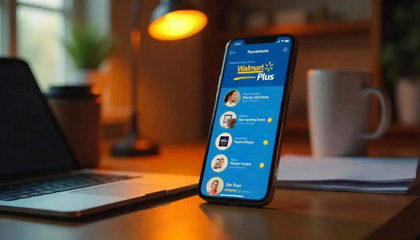 Walmart Plus app showing delivery, fuel savings, and streaming options on a smartphone.