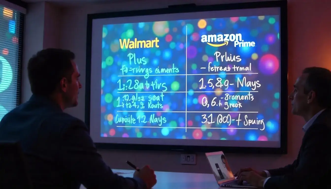 Side-by-side comparison chart of Walmart Plus and Amazon Prime features and pricing in 2025