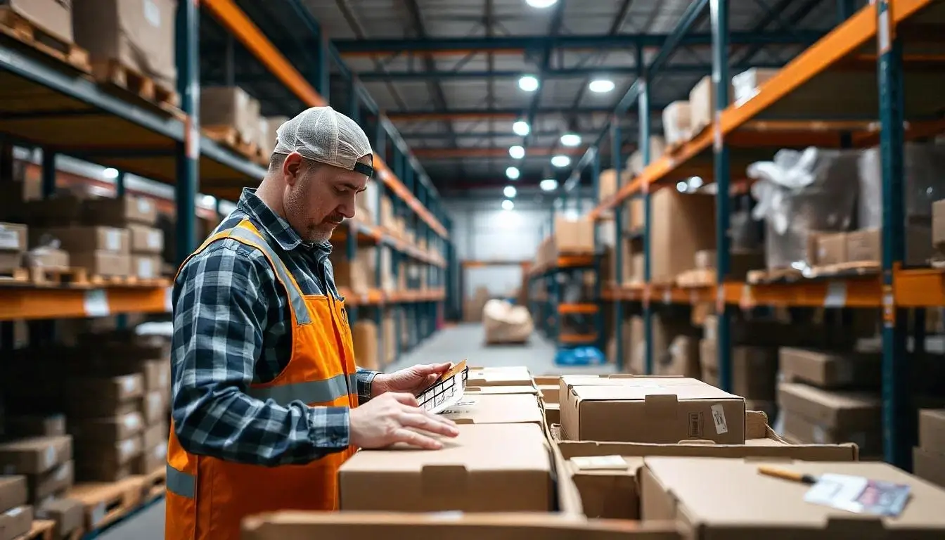 Warehouse worker packing ecommerce orders in a fulfillment center.