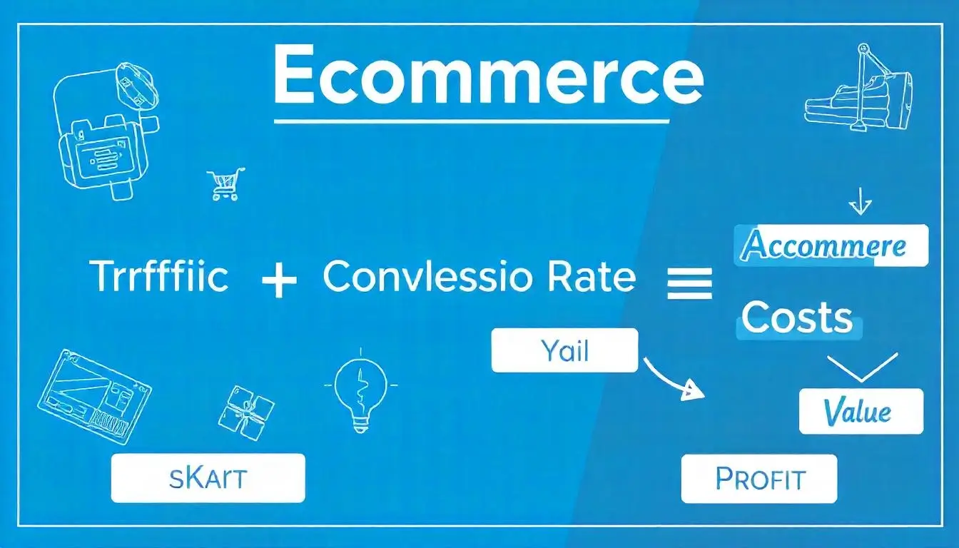 An infographic illustrating the ecommerce equation: Traffic × Conversion Rate × Average Order Value - Costs.