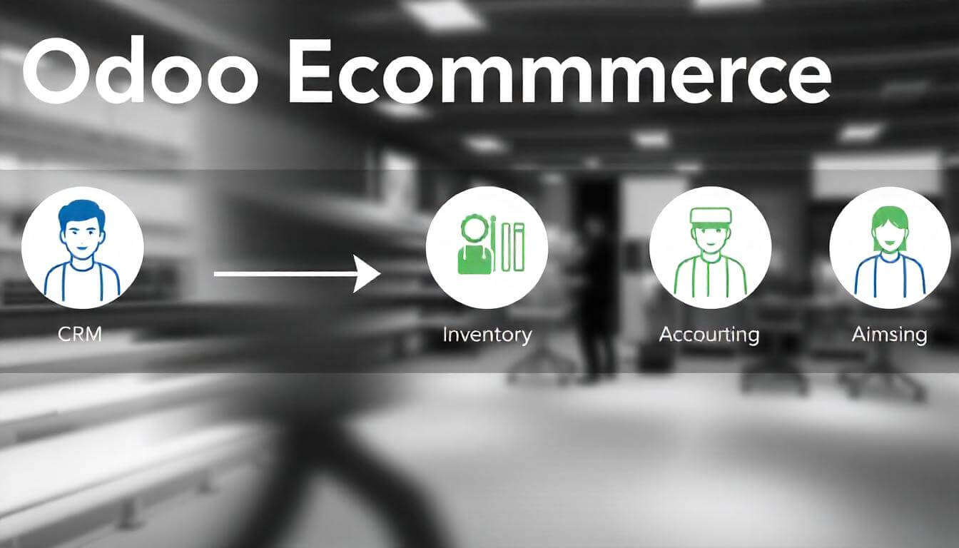Diagram showing Odoo Ecommerce integration with CRM, Inventory, and Accounting modules.
